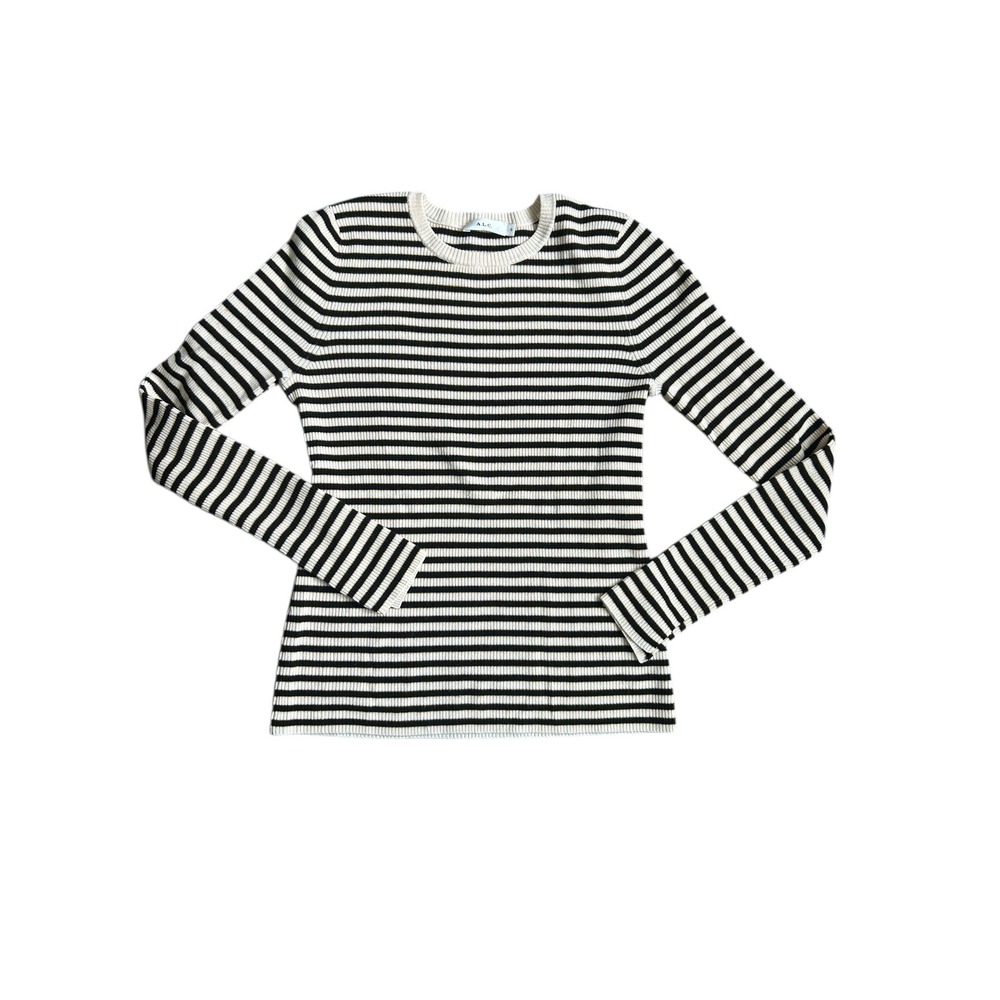 A.L.C. Merino Wool Ribbed Striped Crew Neck Sweater Ivory Black Women's Small‎